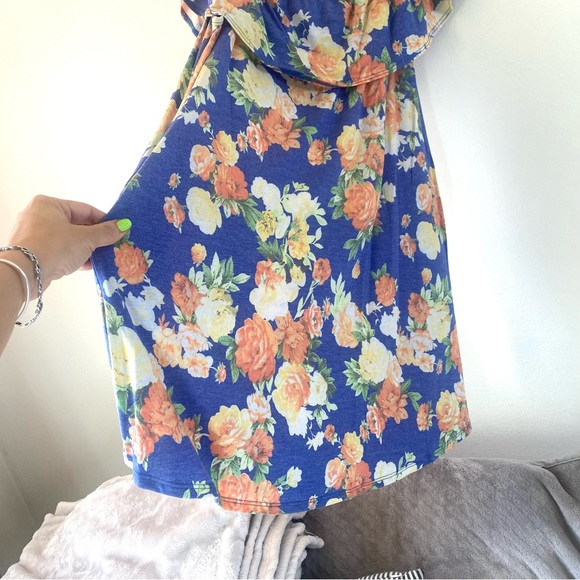 So cute! Tropical blue FLORAL PRINT OFF SHOULDER RUFFLE w/POCKET mini DRESS, NWT - Picture 14 of 15